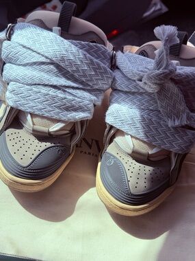 Lanvin Women's Gray and Cream High-Top Sneakers with Wrapped Knit Straps